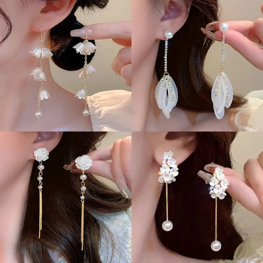 1 Pair Casual Flower Tassel Pearl Inlay Alloy Rhinestones Drop Earrings