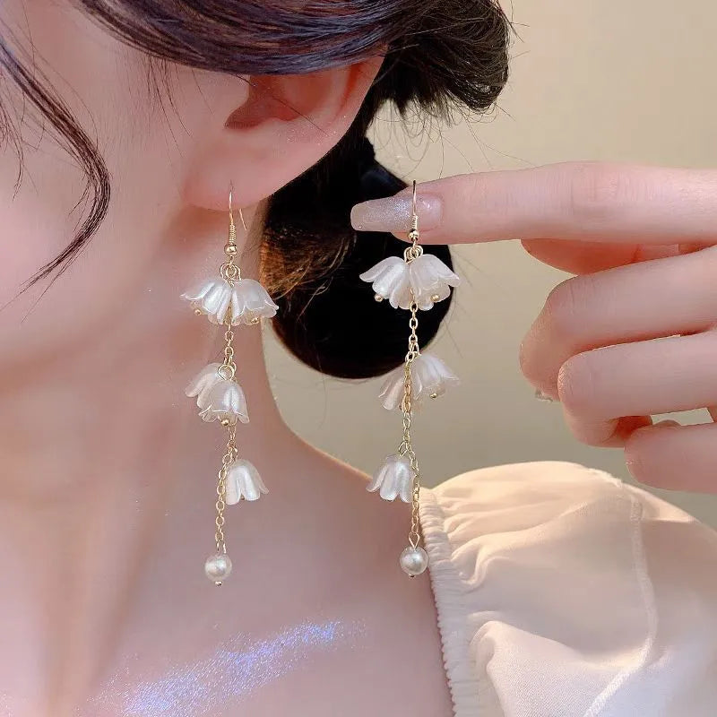 1 Pair Casual Flower Tassel Pearl Inlay Alloy Rhinestones Drop Earrings