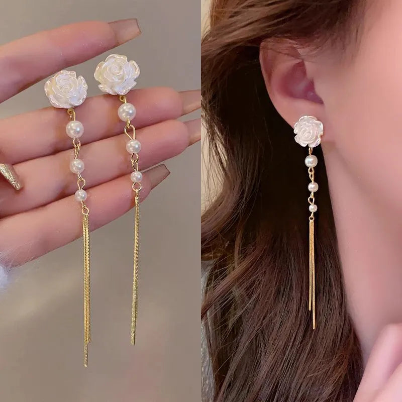 1 Pair Casual Flower Tassel Pearl Inlay Alloy Rhinestones Drop Earrings