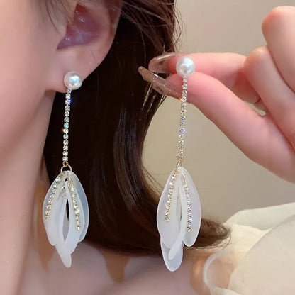 1 Pair Casual Flower Tassel Pearl Inlay Alloy Rhinestones Drop Earrings