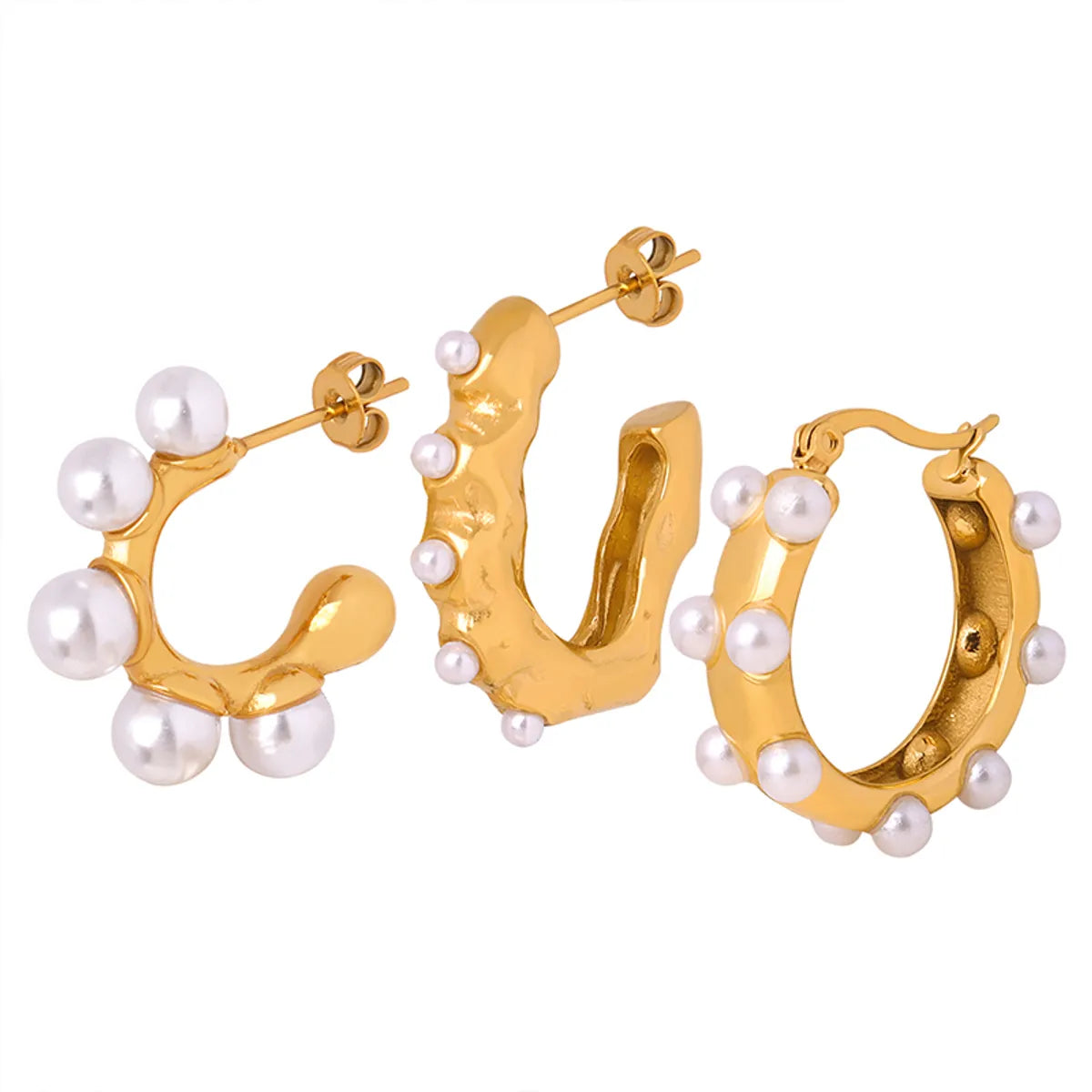 1 Pair Casual French Style Simple Style Geometric Plating Inlay Titanium Steel Artificial Pearls 18k Gold Plated Earrings