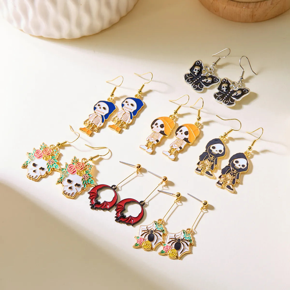 1 Pair Casual Funny Pumpkin Cat Skull Asymmetrical Enamel Alloy Drop Earrings