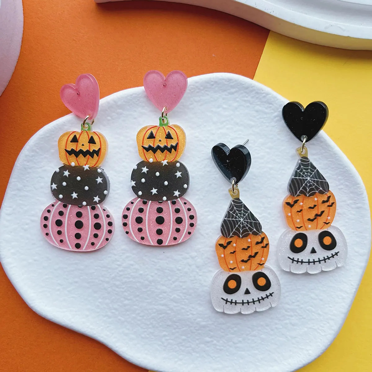 1 Pair Casual Funny Shiny Pumpkin Skull Ghost Printing Inlay Arylic Rhinestones Drop Earrings