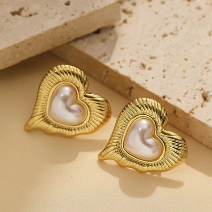 1 Pair Casual Glam Round Heart Shape Flower Inlay Titanium Steel Pearl Ear Studs