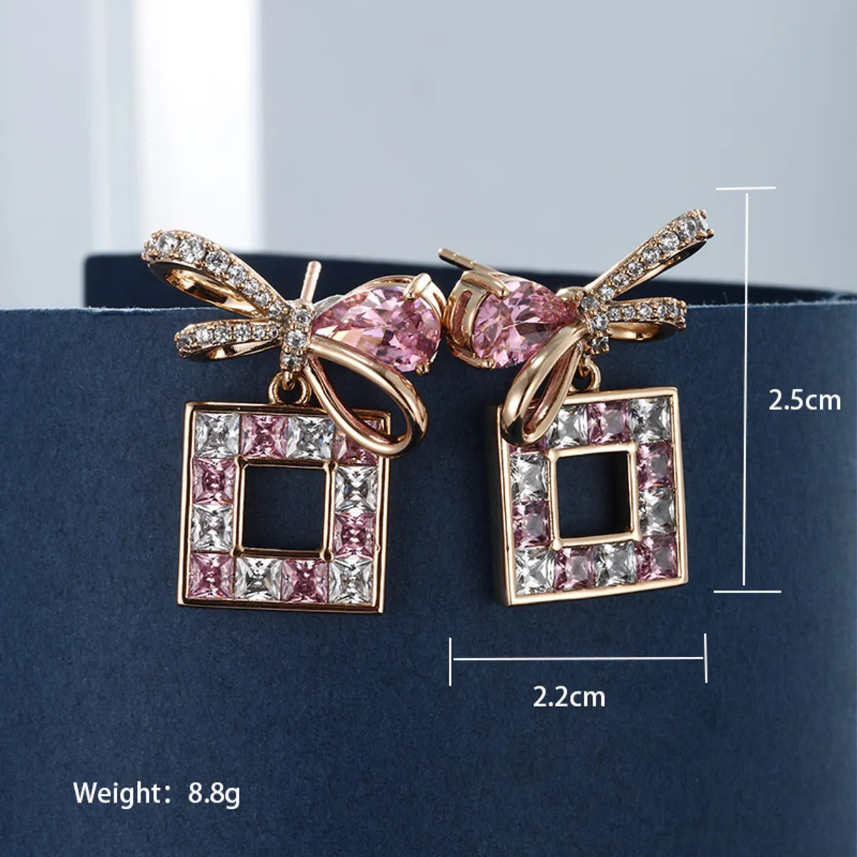 1 Pair Casual Glam Square Bow Knot Transparent Copper Alloy Artificial Gemstones 18k Gold Plated Drop Earrings