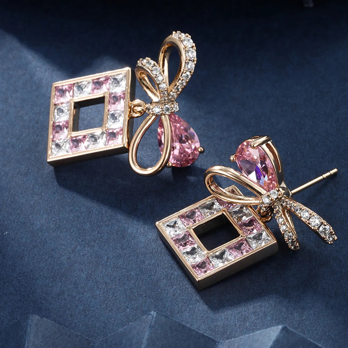 1 Pair Casual Glam Square Bow Knot Transparent Copper Alloy Artificial Gemstones 18k Gold Plated Drop Earrings