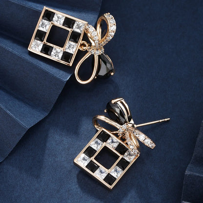 1 Pair Casual Glam Square Bow Knot Transparent Copper Alloy Artificial Gemstones 18k Gold Plated Drop Earrings