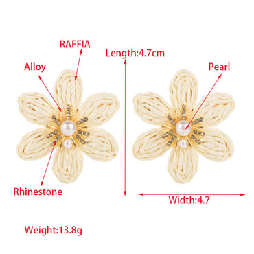 1 Pair Casual Hawaiian Beach Flower Braid Inlay Alloy Raffia Artificial Pearls Rhinestones 14K Gold Plated Ear Studs