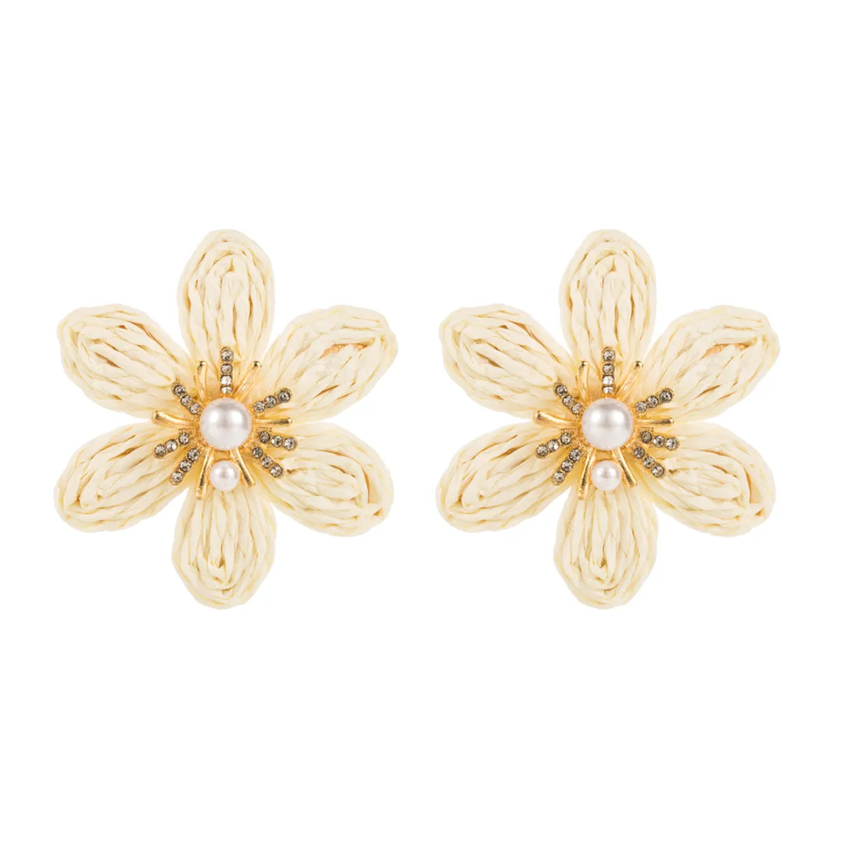 1 Pair Casual Hawaiian Beach Flower Braid Inlay Alloy Raffia Artificial Pearls Rhinestones 14K Gold Plated Ear Studs