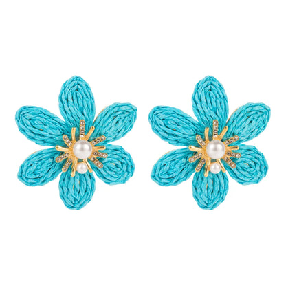 1 Pair Casual Hawaiian Beach Flower Braid Inlay Alloy Raffia Artificial Pearls Rhinestones 14K Gold Plated Ear Studs