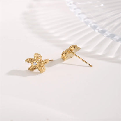 1 Pair Casual Hawaiian Tropical Starfish Inlay Titanium Steel Zircon Gold Plated Ear Studs