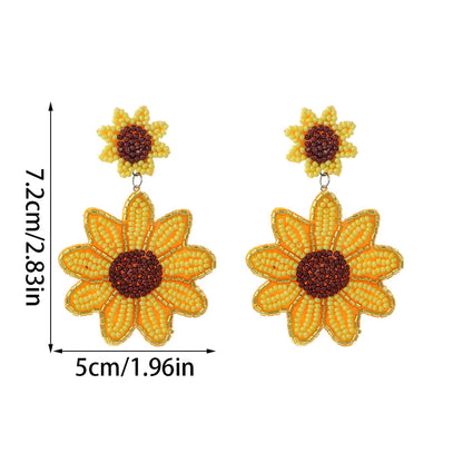 1 Pair Casual Hawaiian Tropical Sunflower Beaded Glass Drop Earrings