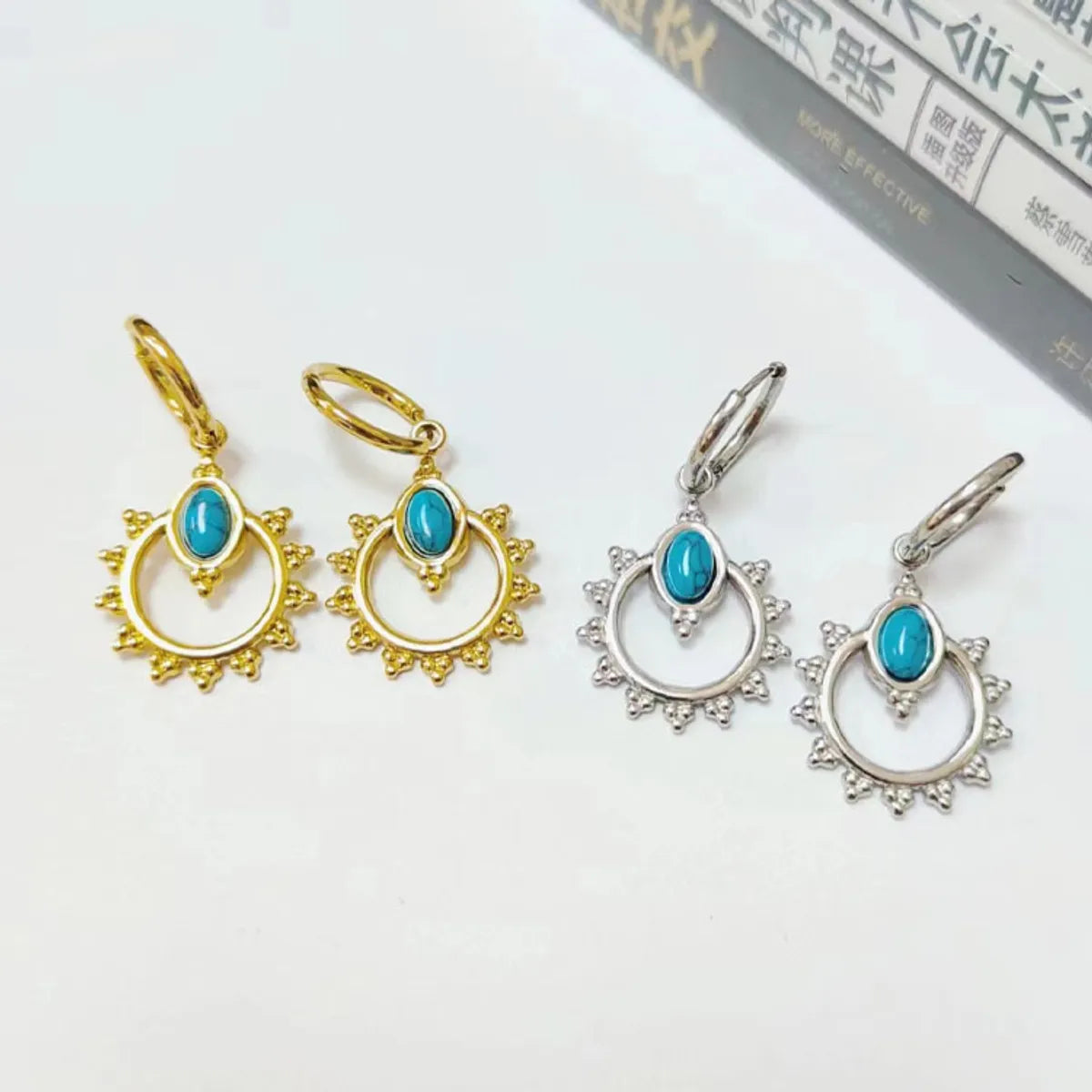 1 Pair Casual Heart Shape Flower Plating Inlay Stainless Steel Turquoise 18k Gold Plated Earrings