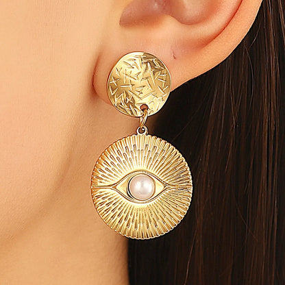 1 Pair Casual Hip-Hop Round Devil'S Eye Titanium Steel Artificial Pearls 18K Gold Plated Drop Earrings