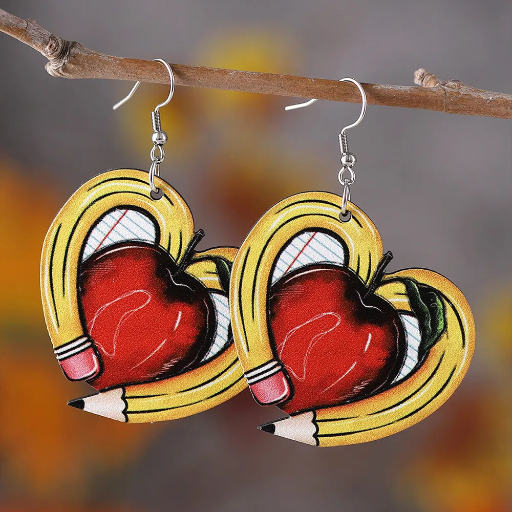 1 Pair Casual Novelty Heart Shape Apple Pencil Wood Drop Earrings