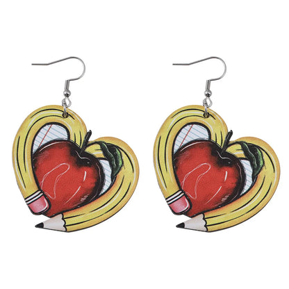 1 Pair Casual Novelty Heart Shape Apple Pencil Wood Drop Earrings