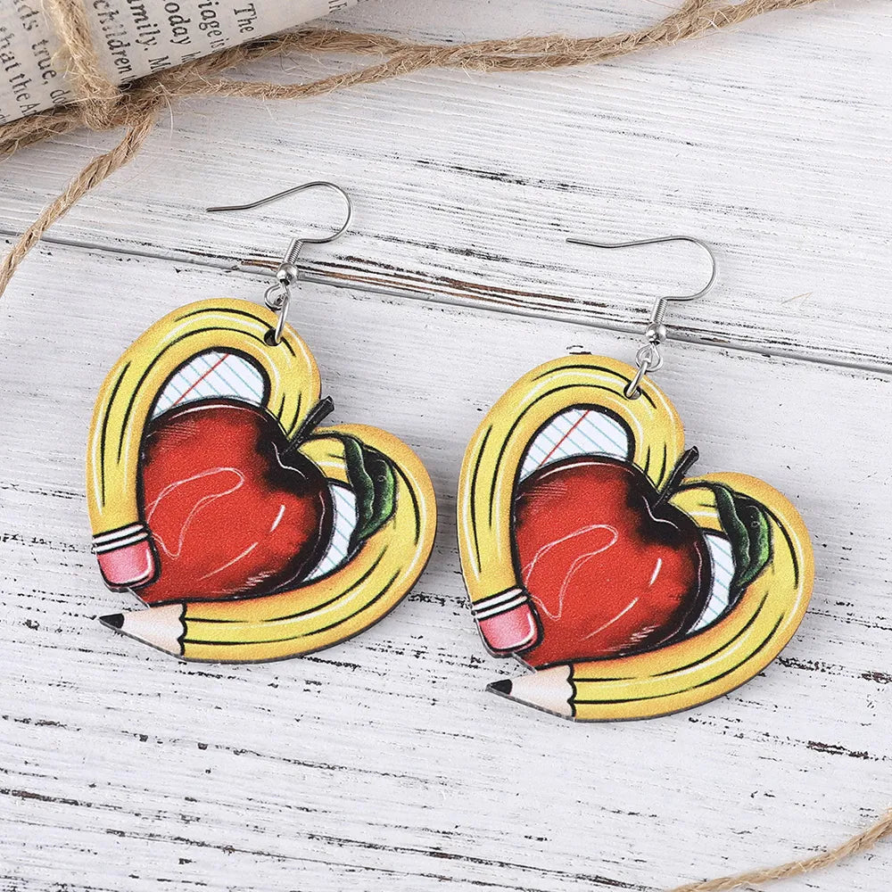 1 Pair Casual Novelty Heart Shape Apple Pencil Wood Drop Earrings