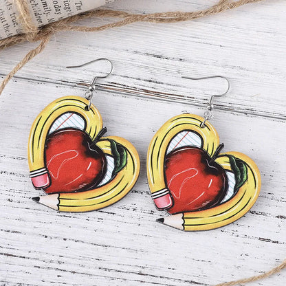 1 Pair Casual Novelty Heart Shape Apple Pencil Wood Drop Earrings