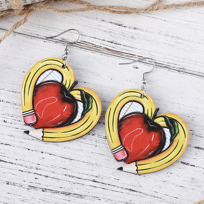 1 Pair Casual Novelty Heart Shape Apple Pencil Wood Drop Earrings