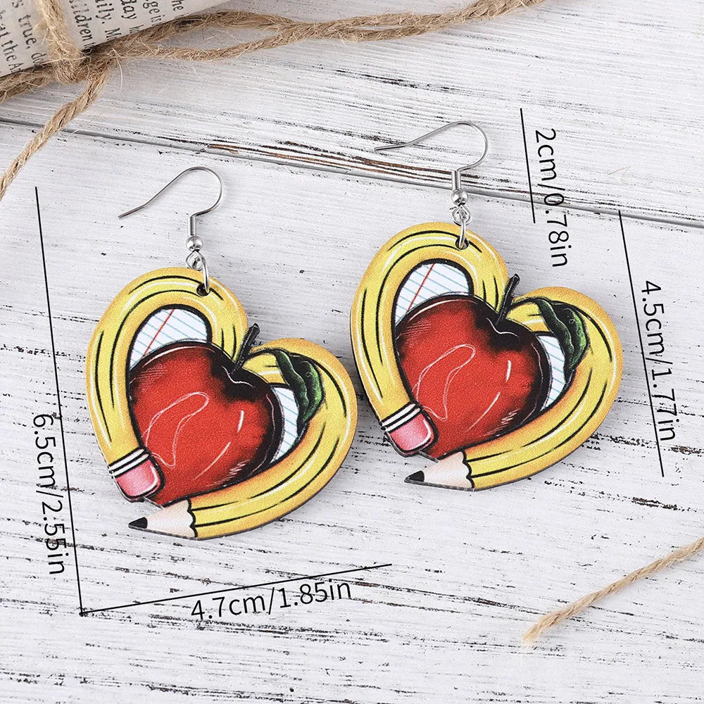 1 Pair Casual Novelty Heart Shape Apple Pencil Wood Drop Earrings