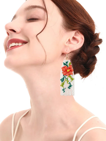 1 Pair Casual Pastoral Flower Beaded Handmade Tassel Seed Bead Drop Earrings