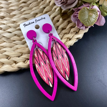 1 Pair Casual Retro Beach Leaf Waves Stoving Varnish Wood Drop Earrings