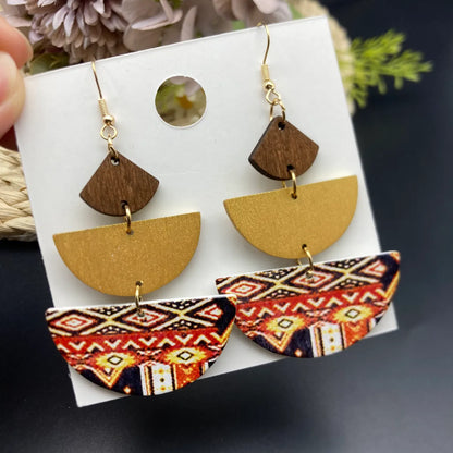 1 Pair Casual Retro Ethnic Style 3D Print Semicircle Digital Printing Stoving Varnish Wood Drop Earrings