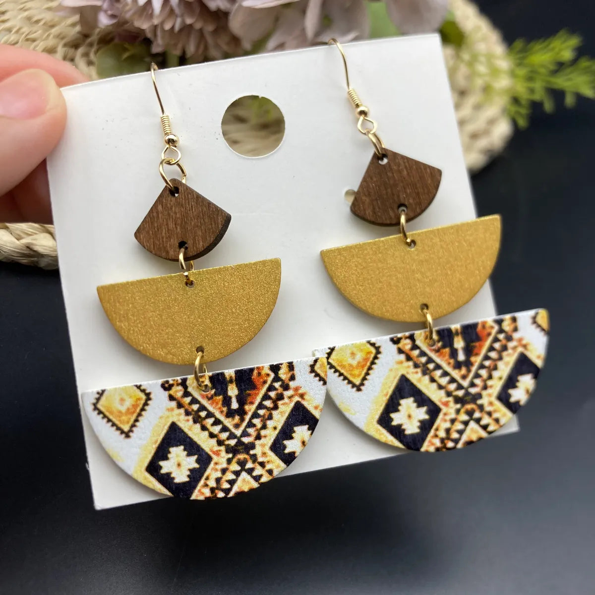 1 Pair Casual Retro Ethnic Style 3D Print Semicircle Digital Printing Stoving Varnish Wood Drop Earrings