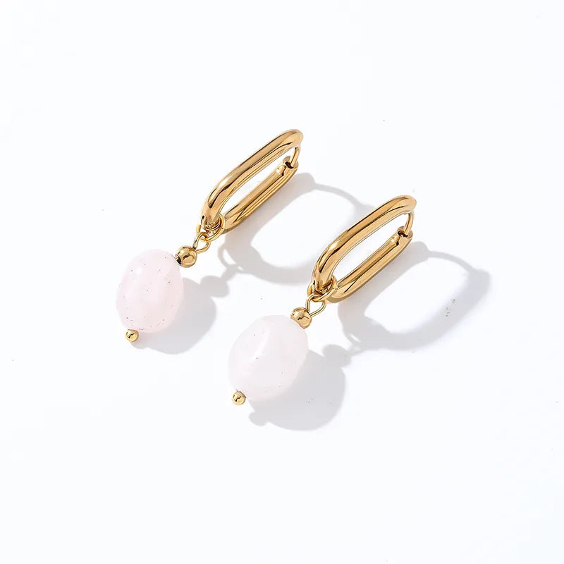 1 Pair Casual Retro French Style Oval Plating 304 Stainless Steel Natural Stone Gold Plated Drop Earrings