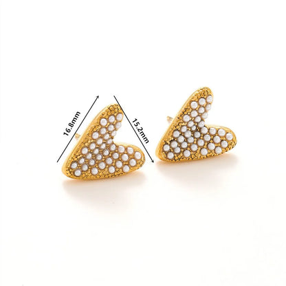 1 Pair Casual Retro Geometric Heart Shape Bow Knot Hollow Out Inlay Titanium Steel Pearl Zircon Earrings