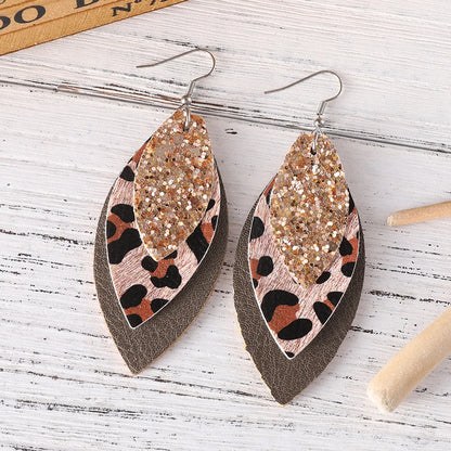 1 Pair Casual Retro Leopard Sequins Layered Pu Leather Drop Earrings