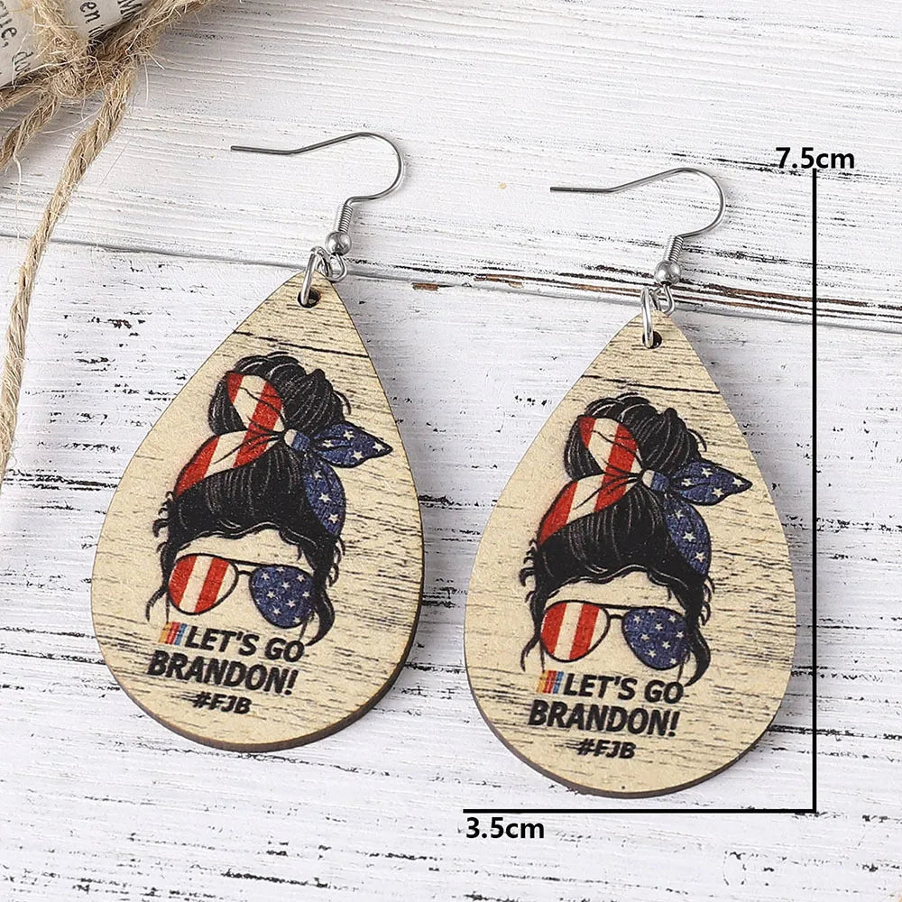 1 Pair Casual Retro National Flag Water Droplets Eagle Wood Drop Earrings