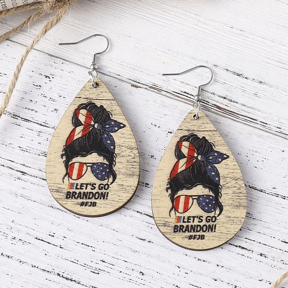 1 Pair Casual Retro National Flag Water Droplets Eagle Wood Drop Earrings