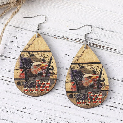 1 Pair Casual Retro National Flag Water Droplets Eagle Wood Drop Earrings