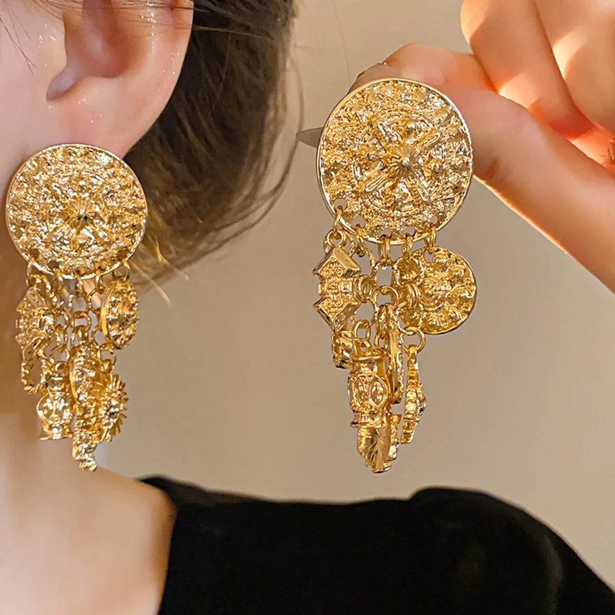 1 Pair Casual Retro Round Tassel Alloy Drop Earrings