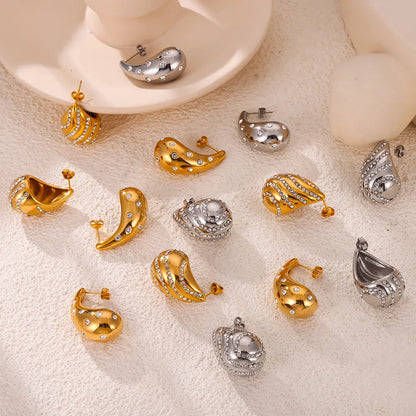 1 Pair Casual Retro Simple Style Water Droplets Plating Inlay 304 Stainless Steel Rhinestone Rhinestones 18K Gold Plated Ear Studs