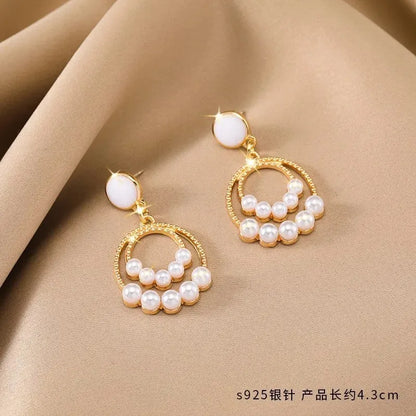 1 Pair Casual Round Flower Rectangle Plating Inlay Alloy Rhinestones Opal Pearl Drop Earrings