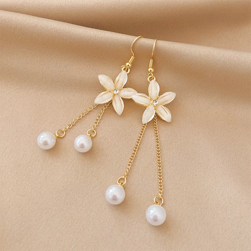 1 Pair Casual Round Flower Rectangle Plating Inlay Alloy Rhinestones Opal Pearl Drop Earrings