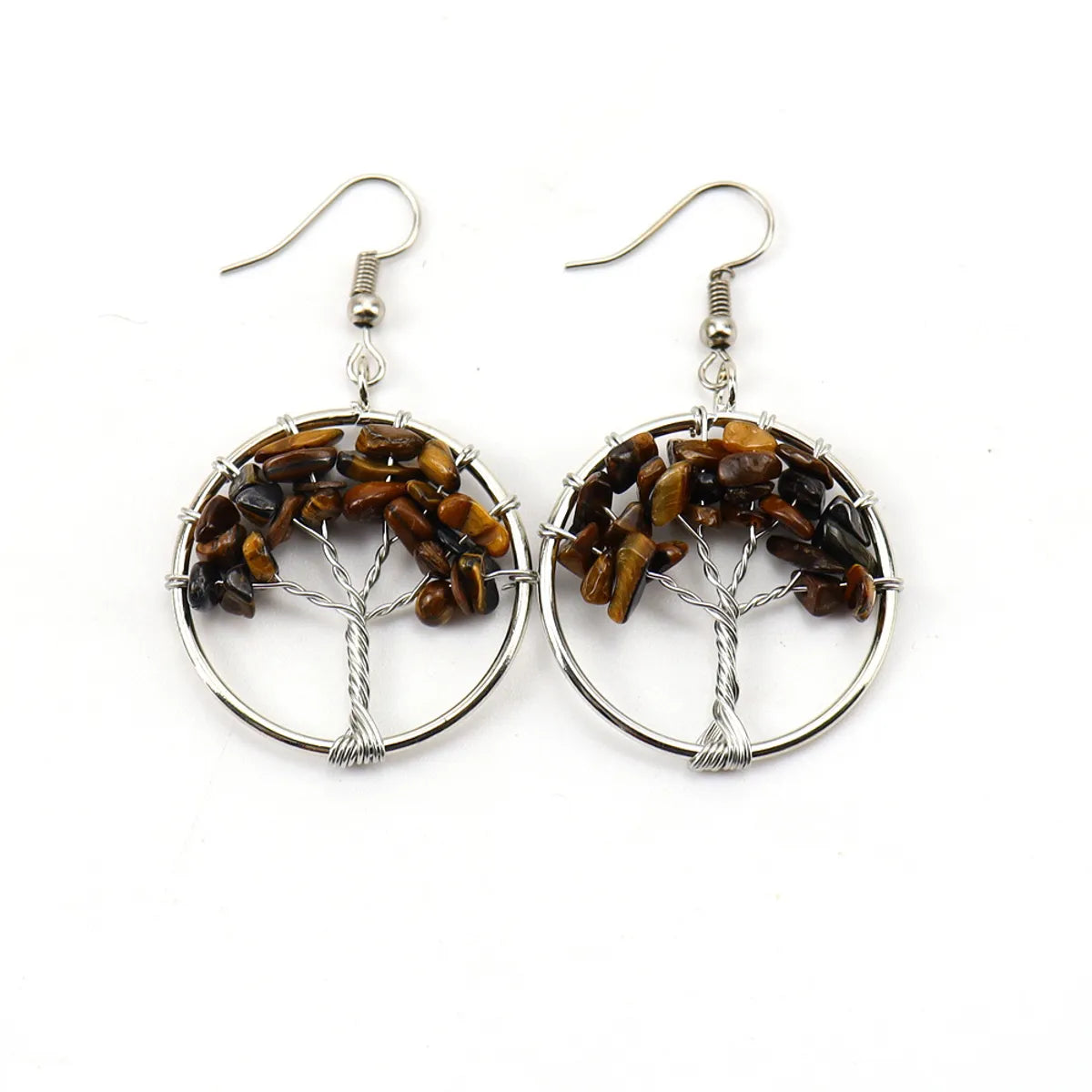 1 Pair Casual Round Tree Beaded Alloy Natural Stone Copper Drop Earrings