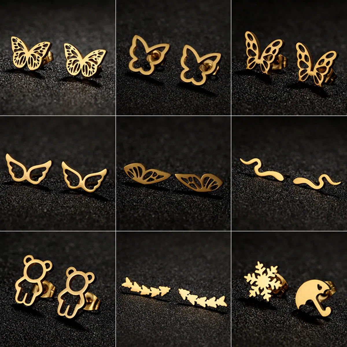 1 Pair Casual Simple Style Butterfly Umbrella Snowflake Asymmetrical Plating Hollow Out Stainless Steel Ear Studs