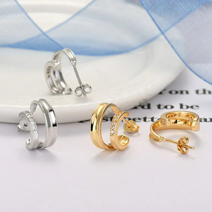 1 Pair Casual Simple Style C Shape Layered Plating Inlay Copper Zircon Ear Studs