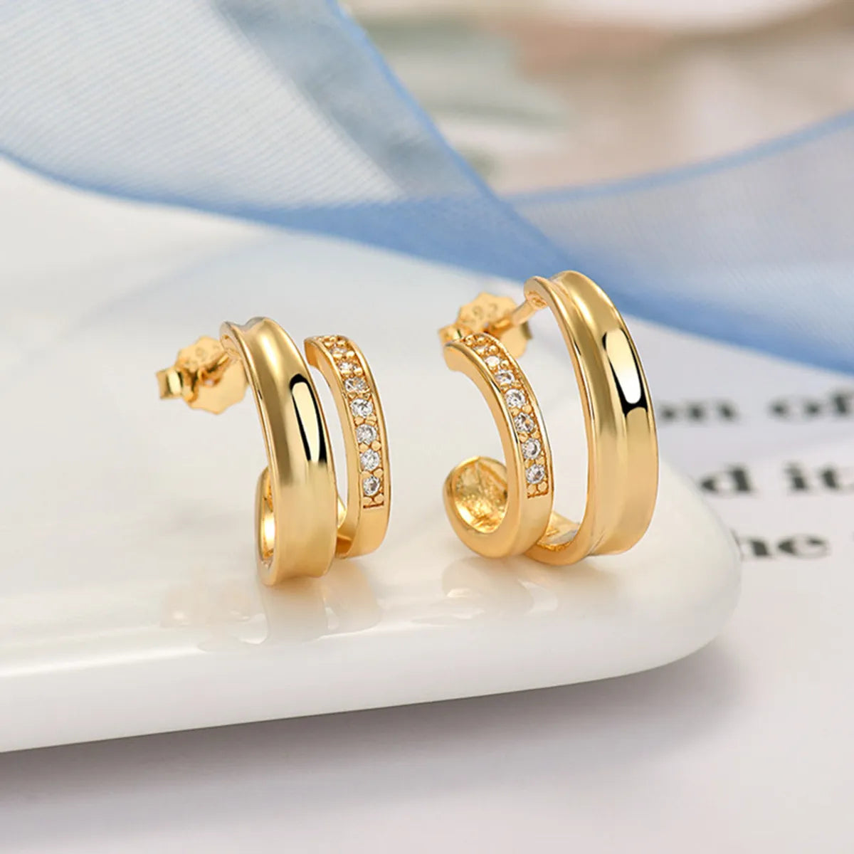 1 Pair Casual Simple Style C Shape Layered Plating Inlay Copper Zircon Ear Studs