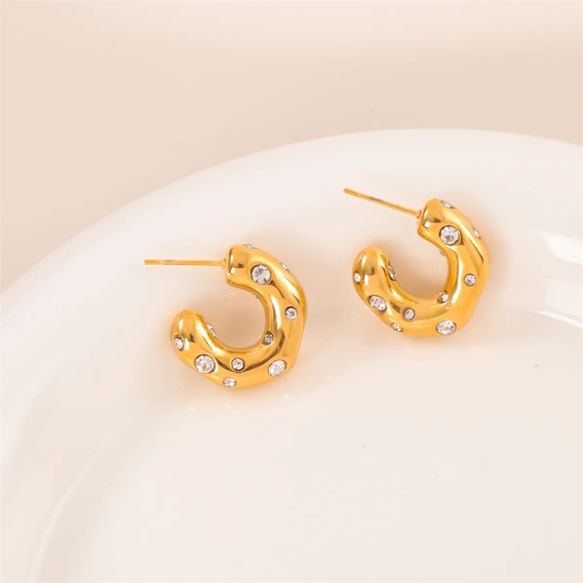 1 Pair Casual Simple Style C Shape Plating Inlay Stainless Steel Titanium Steel Rhinestones 18k Gold Plated Ear Studs