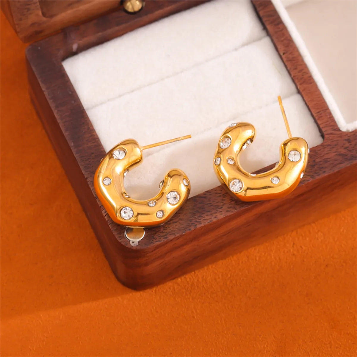 1 Pair Casual Simple Style C Shape Plating Inlay Stainless Steel Titanium Steel Rhinestones 18k Gold Plated Ear Studs