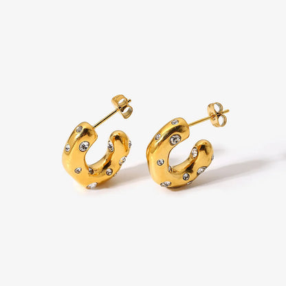 1 Pair Casual Simple Style C Shape Plating Inlay Stainless Steel Titanium Steel Rhinestones 18k Gold Plated Ear Studs