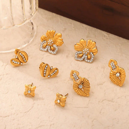 1 Pair Casual Simple Style Commute Flower Plating Inlay Titanium Steel Rhinestones 18K Gold Plated Ear Studs