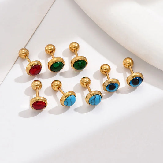 1 Pair Casual Simple Style Commute Round Inlay Stainless Steel Artificial Gemstones Turquoise Ear Studs