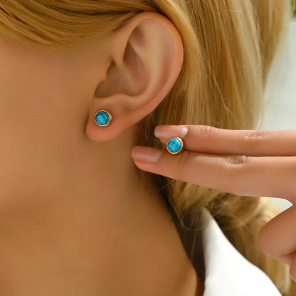 1 Pair Casual Simple Style Commute Round Inlay Stainless Steel Artificial Gemstones Turquoise Ear Studs