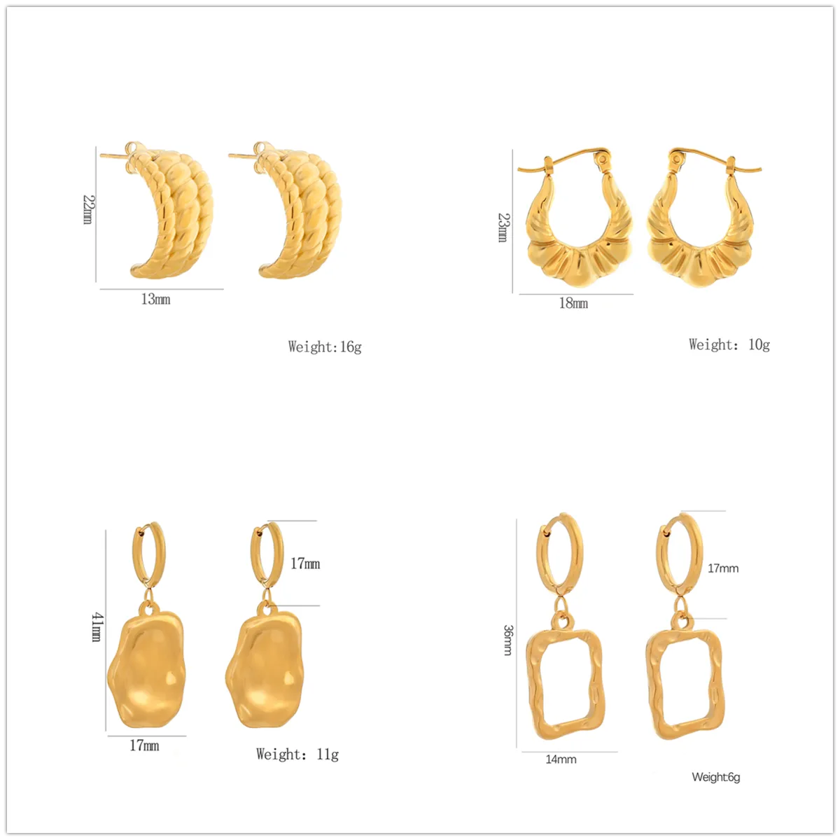 1 Pair Casual Simple Style Commute Solid Color Rectangle Pleated Hollow Out 304 Stainless Steel 18K Gold Plated Drop Earrings Ear Studs