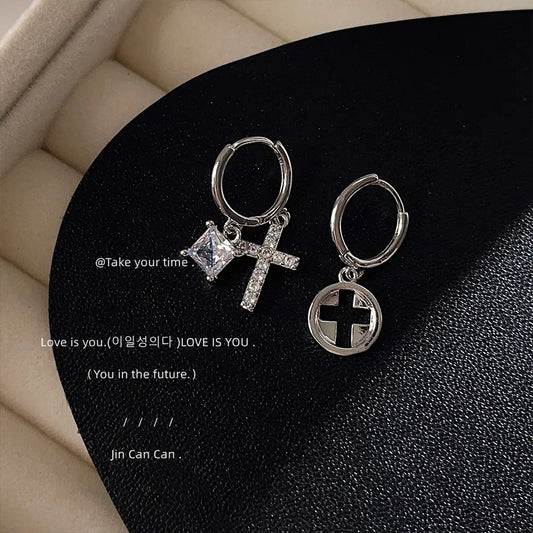 1 Pair Casual Simple Style Cross Asymmetrical Inlay Copper Zircon Drop Earrings